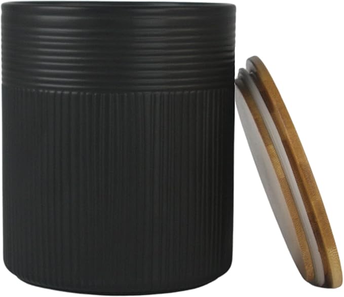 10 Strawberry Street Luca Matte Black Embossed Ceramic Kitchen Canister Set, Set of 3, Bamboo Lids