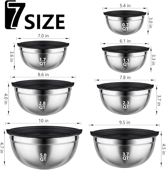 Leidawn Mixing Bowls with Lids set - 25 PCS Stainless Steel Nesting Black Mixing Bowls Set for Baking, Mixing, Serving & Prepping, Size 5, 3.7, 2.8, 2.3, 1.7, 1.1, 0.7QT, 11 Cooking Utensils