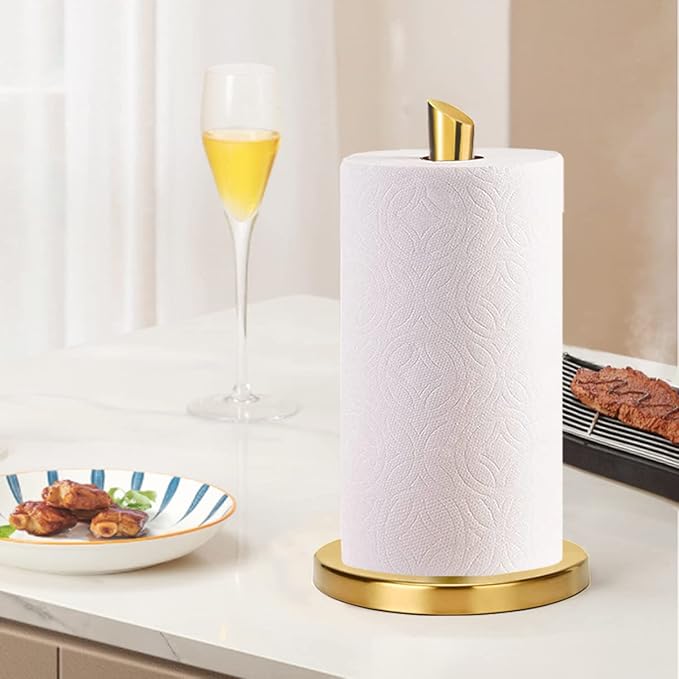Paper Towel Holder countertop, Free-Standing Kitchen roll Holder for Kitchen Bathroom, Paper Towel Holder Stand Dispenser with Stainless Base Fits Standard (Gold)