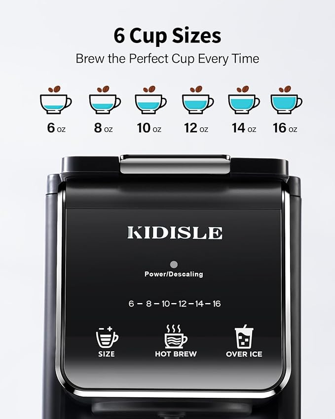 KIDISLE Hot & Iced Single Serve Coffee Maker for K Cup & Grounds, 6–16oz Brew Sizes, 40oz Water Tank, Reusable Pod Filter, Easy-to-Use for Home, Office, Dorm, Black