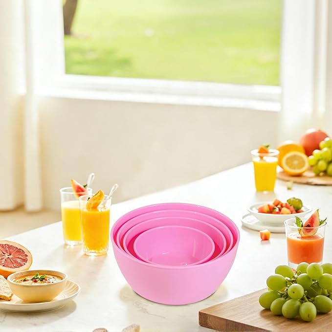4-Piece Classic Plastic Prep Bowls with Lids, Nesting Plastic Small Mixing Bowl Set for Mixing, Baking, Prepping, Cooking and Serving Food, Microwave and Dishwasher Safe (Pink)