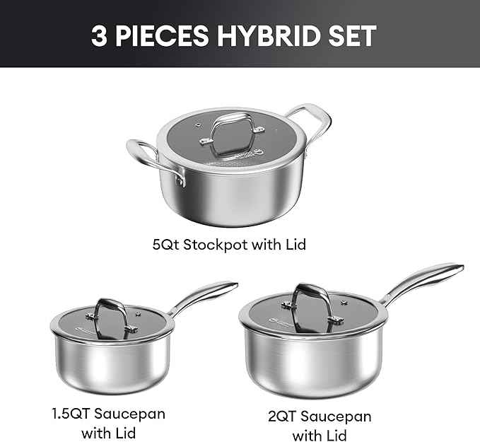 COOKER KING Stainless Steel 6 Pcs Pots Set, 1.5 & 2QT Saucepan and 5-Quart Pots with Lids, Non Stick, Non Toxic, Stay-Cool Handles, Induction, Oven, Dishwasher Safe