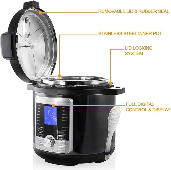 6 Quart Digital Electric Pressure Cooker – Stainless Steel Multi-Cooker with 14 One-Touch Programs, Locking Lid & Easy Clean Design