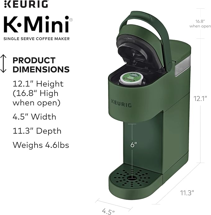 Keurig K-Mini Single Serve Coffee Maker with 6-12Oz Cup Sizes, Quick Brewing, and Removable Drip Tray (Evergreen, Renewed)