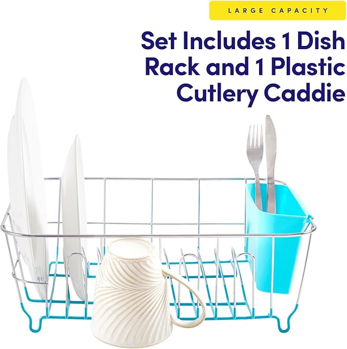 Dish Drying Rack & Cutlery Holder 2 Piece Set - Compact Sink-Fitting Dish Drainer with Rubberized Undercoating, Space-Saving Kitchen Organizer for Plates, Cups, Bowls & Utensils in Sink, Turquoise