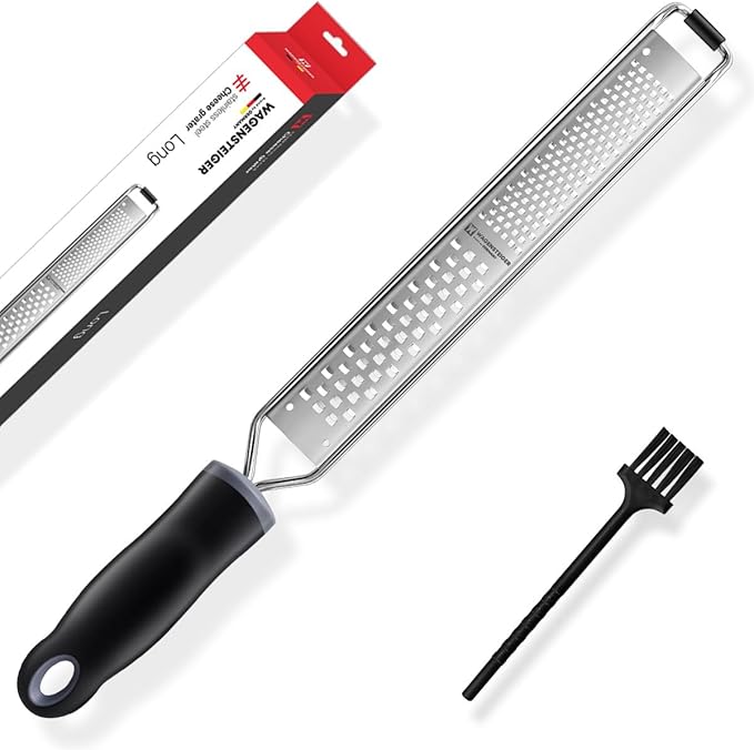 2-in-1 Stainless SteelLong Cheese Grater Dual-Sided Fine & Coarse Blades Precision Zester for Lemon, Ginger, Cheese, Vegetables, Rust-Resistant, Ergonomic Handle (15.35" x 1.77")