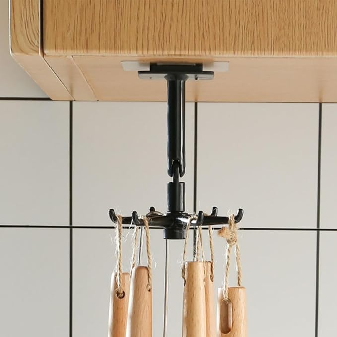 GLEAVI 4pcs 360-degree Rotatable Kitchen Utensil Hooks, Wall-Mounted Heavy Load Hanging Hooks for Kitchenware, Under Cabinet Sticky Holders in Black and White