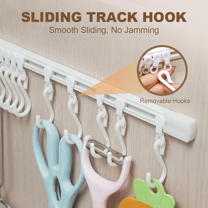 Multifunctional Slide Rail Hook,Kitchen Utensil Hanging Rack Wall Mounted Hanger,Space Saving Utensil Holder with 10 Hooks ,Sliding Track Hook No Drilling Hanger for Home Office (Length 30cm/2pcs)