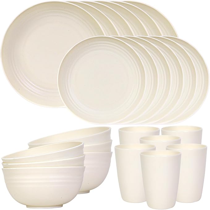 Quatish 24 Piece Plates and Bowls Sets for 6, Unbreakable Dinnerware Sets, Dish Set for Camping, Dishwasher Microwave Safe, Outdoor Kitchen and Apartment Dinning RV Essentials, Beige