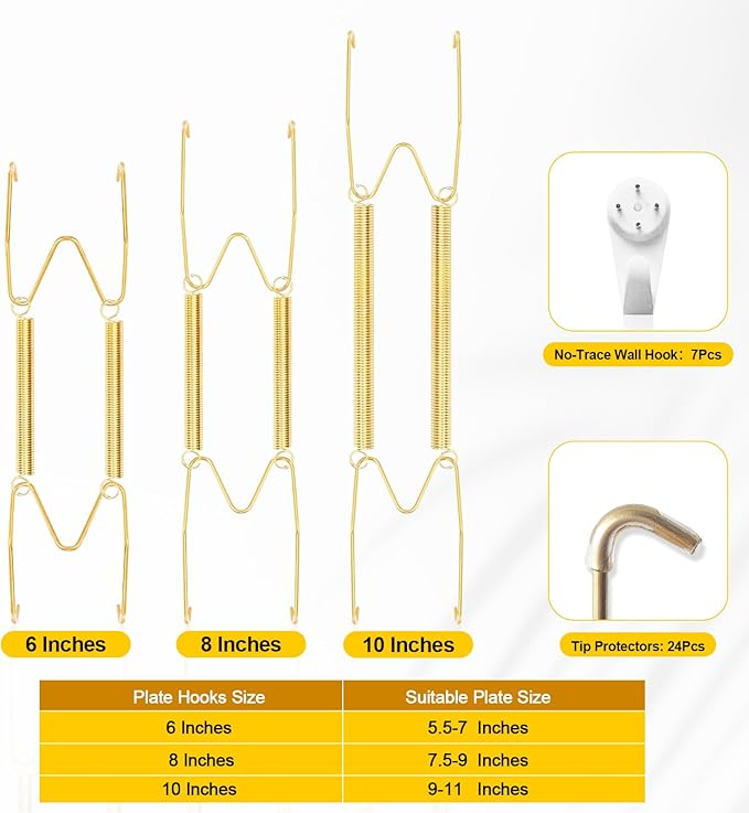 6 Pieces Plate Hangers for the Wall – Vertical Plate Hangers, Adjustable Sizes (6", 8", 10"), Invisible Design, Plate Wall Hangers for Display, Plate Holders for Displaying, Picture Hanging Kit