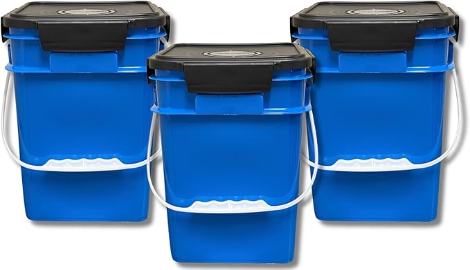 House Naturals 4 Gallon Square Food Grade Bucket Pail with Plastic Handles and Lid (Pack of 3) Made in USA containers (Blue)