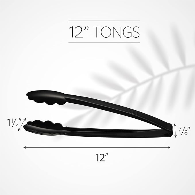 [Black Tongs 12'' Inches] Plasticpro 12'' Serving Tongs Heavy Duty Reusable Kitchen and BBQ Black Serving Tongs for party's, Caterings, Events, Buffet, Weddings, And every Day use Pack of 12