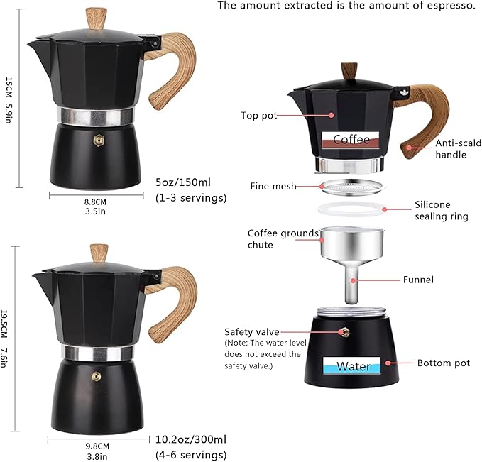 Moka Pot, Stovetop Espresso Maker Italian Coffee Maker Coffee Pot 6 cup/10 OZ Aluminium Stovetop Camping Espresso Maker Manual Cuban Coffee Percolator for Cappuccino or Latte（black）