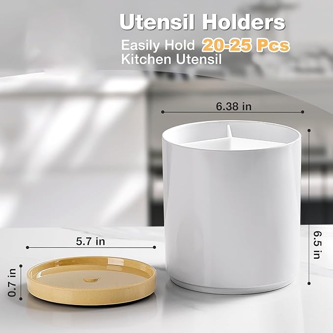 Extra Large Porcelain Like Kitchen Cooking Utensil Holder, 360° Rotating Utensil Crock, 7.2" Unbreakable for Countertop, for Farmhouse Kitchen Decor with Rotatable and Detachable Base