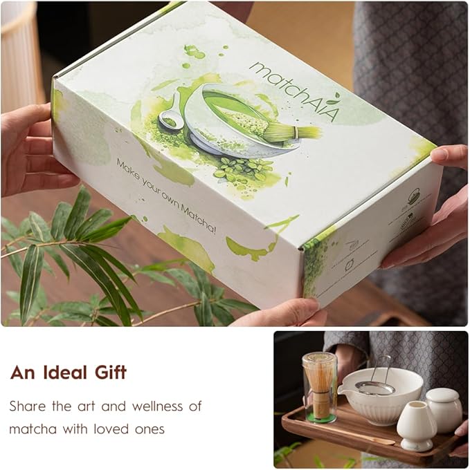 6 Pcs Matcha Set - Ceramic Bowl with Spout, Matcha Whisk with Holder, Tea Powder Canister, Sifter and Spoon, Complete Kit for Traditional Matcha, Modern Lattes, and Tea Ceremonies (White)