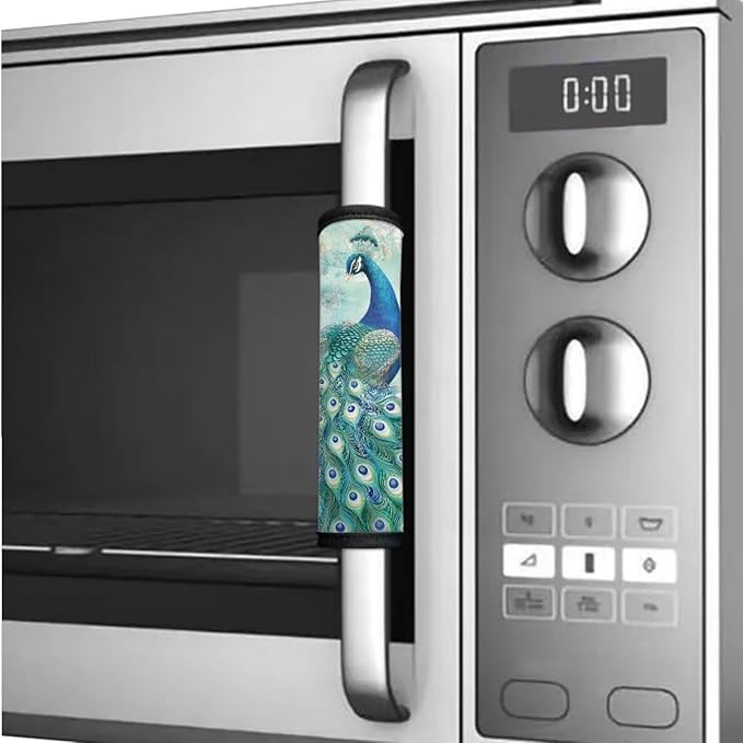 Appliance Door Handle Covers Set of 6 Refrigerator Handle Cover Anti-Skid Microwave Door Handle Protector Keep Off Oil Stains, Fingerprints, Peacock Flower Green Blue