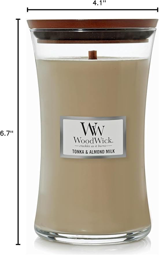 WoodWick Tonka & Almond Milk Gifts for Women and Men, 21.5 oz Large Hourglass Candle with Crackling Wick