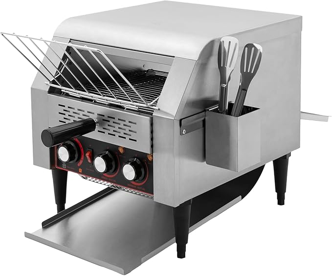 Commercial Conveyor Toaster 300 Slices/Hour 1900W Heavy Duty Industrial Stainless Steel Electric Restaurant Toaster Oven with Selectable Heating Modes and 7 Speeds for Bagel Bread Restaurant Cafe