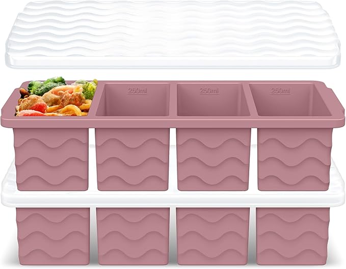 Doasuwish Silicone Freezer Tray for Soup with Lid – 1-Cup Soup Container Cube Style Ice Cube Trays for Freezer, Meal Prep & Food Storage, Freeze 250mL/125mL Portions – 2 Pack