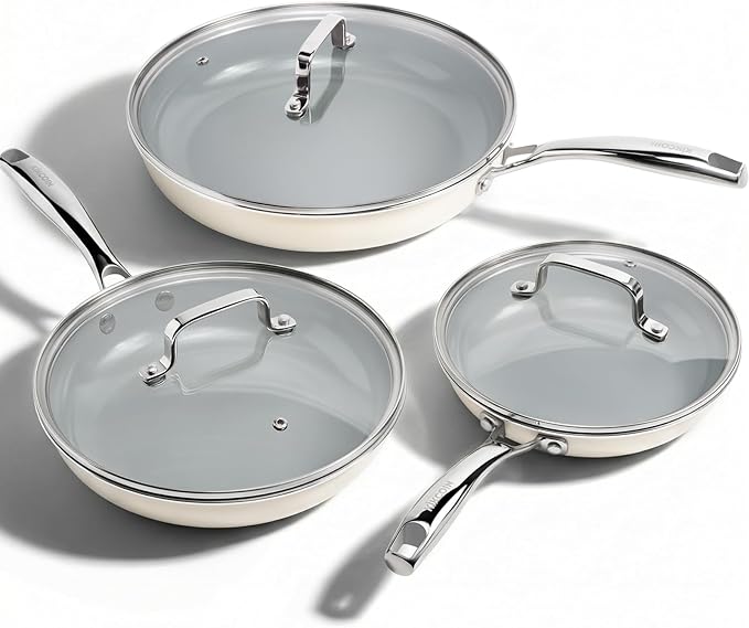 Kikcoin Non Stick Frying Pans with Lid, 3 Pack Ceramic Frying Pan for Cooking, 8+9.5+11 Inch Omelette Pans Set with Stay Cool Handle, Induction Ready, Free of PFAS PFOA PTFE, Oven/Dishwasher Safe
