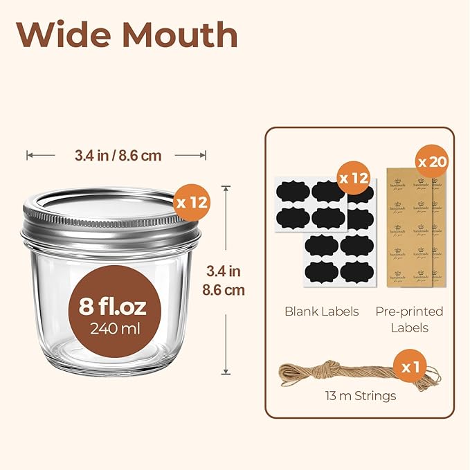 ComSaf 8 oz Wide Mouth Mason Jars, 12Pcs Glass Jars for Home Cooks Making Jam and Jelly, and Crafters Creating DIY Candles and Party Favors, Canning Jar with Lids and Rings，Includes Labels & Twine