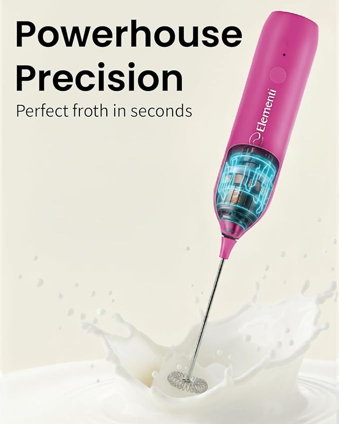 Elementi Pink Milk Frother Wand Rechargeable Drink Mixer - Powerful USB-C Rechargeable Frother & Coffee Stirrers Electric - Hand Held Whisk to Make Perfect Cappuccinos, Lattes & Drink Mixes at Home