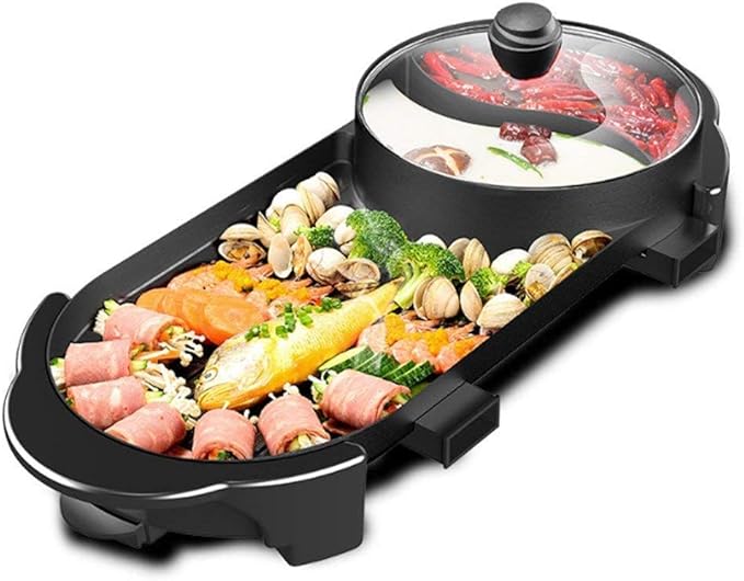 SEAAN Hot Pot with Grill, Korean BBQ Grill Indoor Hotpot Pot Electric Combo, Shabu Shabu Pot with Divider KBBQ Grill Smokeless Non-stick Separate Dual Temperature Control, for 2-12 People, 110V