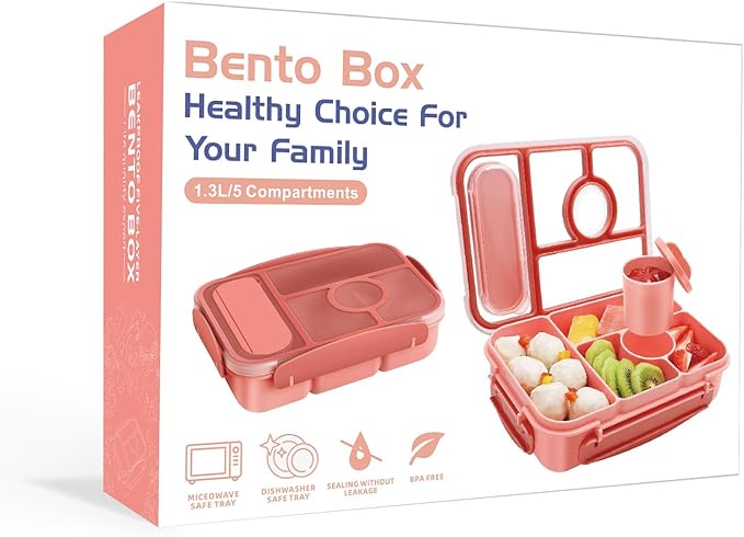Amathley Bento Box Adult Lunch Box Kids,Lunch Containers for Adults/Kids/Toddler,5 Compartments Bento Lunch Box with Sauce Vontainers,Microwave & Dishwasher & Freezer Safe,BPA-Free (Pink)
