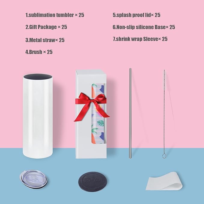 25 Pack 20oz Sublimation Tumblers Bulk With Flat Edge, 20OZ Flat Sublimation Tumbler Blank, Skinny Straight Stainless Steel Blanks Cups with Individual Box (25, 20OZ FLAT EDGE)