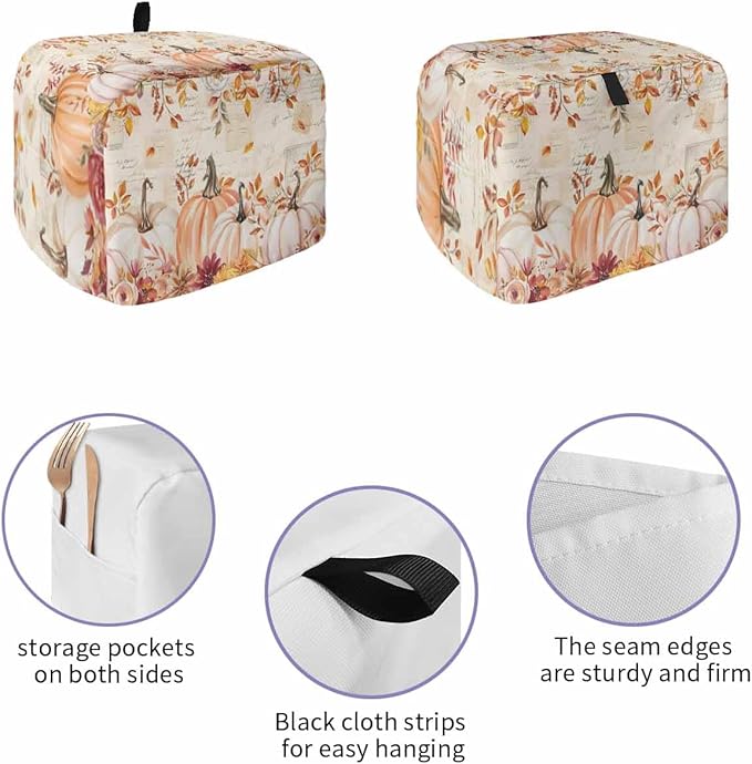 Pink Orange Pumpkins Fall Toaster Cover 4 Slice, Thanksgiving Leaves Dustproof Bakeware Oven Protector with Top Hook, Autumn Floral Waterproof Small Kitchen Appliance Toasters Dust Cover, 12"x11"x8"