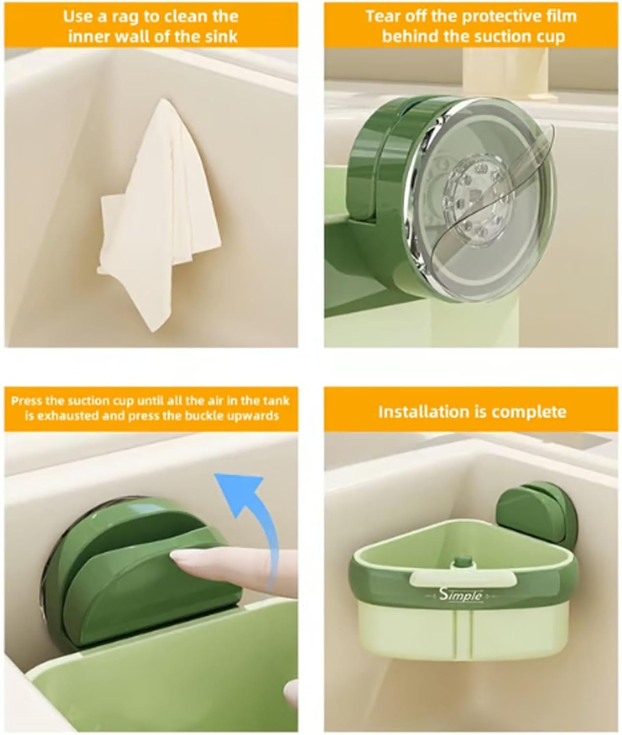 Suction Cup Sink Corner Rack, Curetoaway Corner Sink Strainer, Sink Trash Catcher, Plastic Triangular Baskets Corner Hanging, Rust Resistant, for Kitchen Food Waste (Yellow+Green)