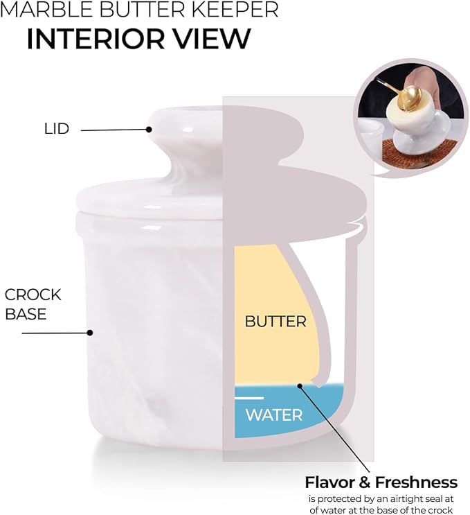 Butter Keeper 4.25 Inches White Handmade Marble Covered Butter Dish with Lid for Countertop, French Butter Crock for Soft Butter Spreader, Perfect Mother’s Day Gift, Kitchen Storage