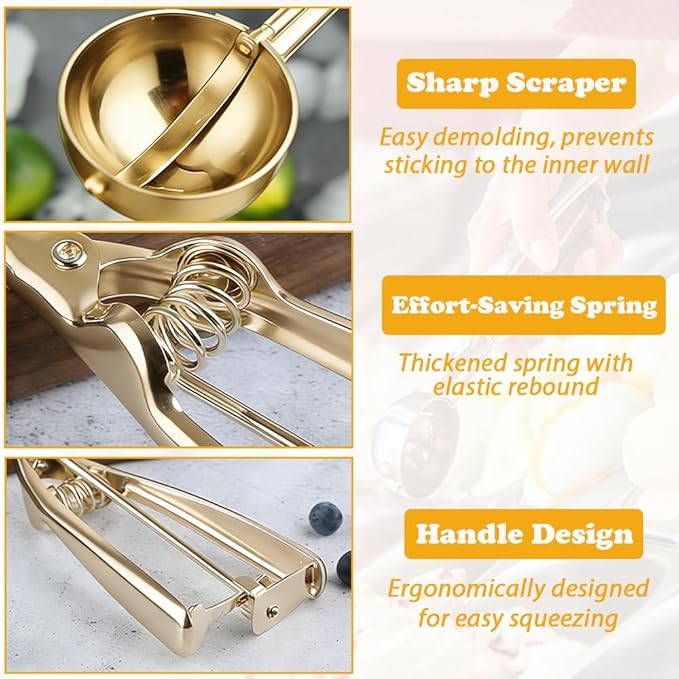 Gold Ice Cream Scoop 304 Stainless Steel Cookie Scoops for Baking Melon Baller with Trigger 3 Sizes (Gold, L)