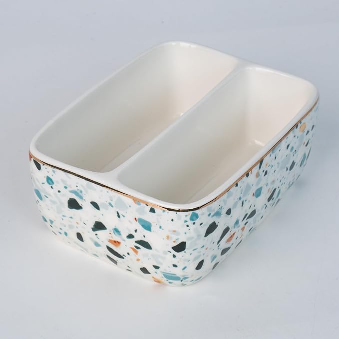 2 Compartments Ceramic Sponge Holder for Kitchen Sink, Unique Terrazzo Marble Pattern Countertop Dish Sponges Holder Soap Sink Organizer Caddy Farmhouse Home Kitchen Decor Light Blue