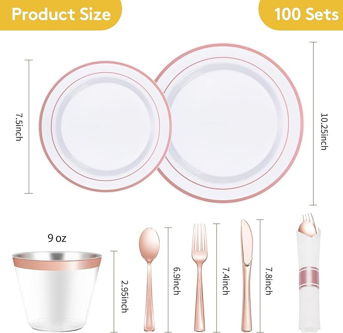 Goodluck 700 Piece Rose Gold Plastic Dinnerware Set for 100 Guests, Disposable Plates for Party, Include: 100 Dinner Plates, 100 Dessert Plates, 100 Pre Rolled Napkins with Silverware, 100 Cups