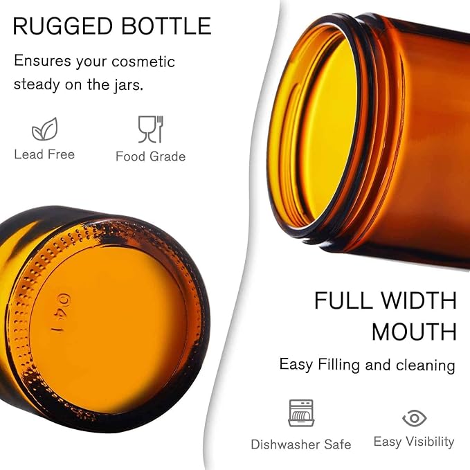 1 oz Glass Jars with Lids, Bumobum 48 pack Amber Cream Jars with Black Lids, Black and White Labels & Inner Liners, Empty Cosmetic Containers for Homemade Balms, Lotion, Salve, Ointment, Body Scrub