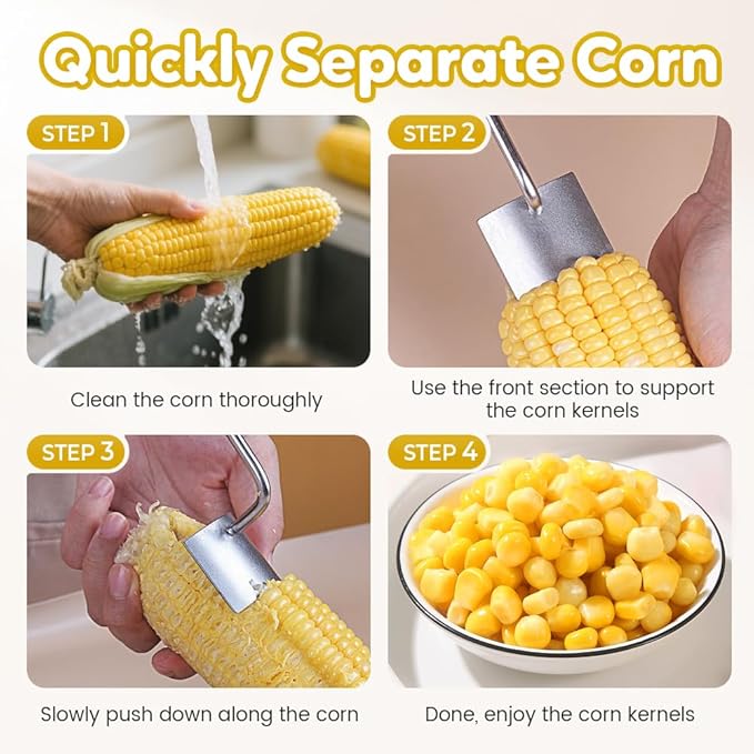 Easy Clean Corn Cob Peeler, 2025 New Corn On The Cob Stripper Tool with Long Handle, Stainless Steel Corn Cutter for Corn Cob With Corn Holder (Green-3 pcs)
