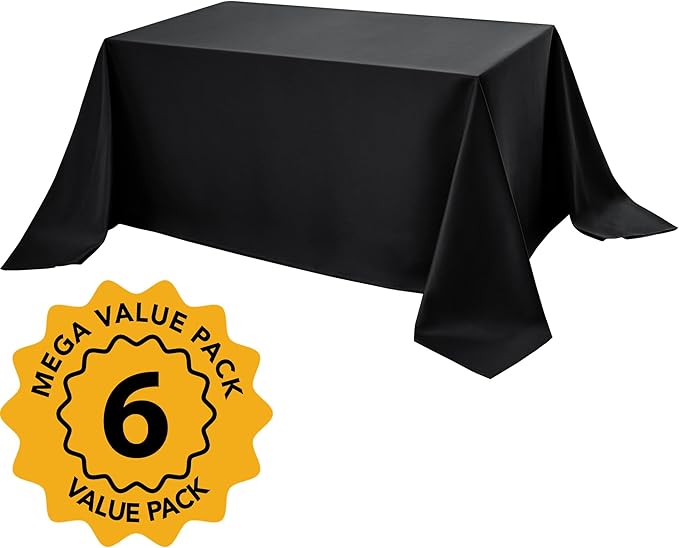 6-Pack Black Tablecloths for Rectangle Tables, 90 x 156 Inches, Stain-Resistant Polyester Fabric for 8 Foot Tables - Washable Table Covers for Weddings, Banquets, Birthday Parties, Events