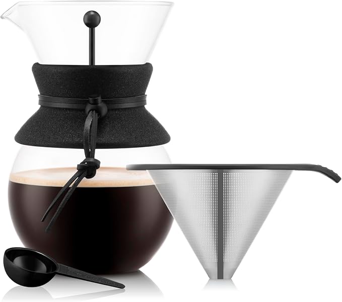 Bodum 34oz Pour Over Coffee Maker, High-Heat Borosilicate Glass with Reusable Stainless Steel Filter and Black Cork Grip - Made in Portugal
