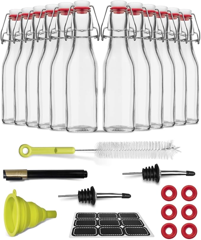 WILLDAN Set of 12-8.5oz Swing Top Glass Bottles - Flip Top Brewing Bottles For Kombucha, Kefir, Vanilla Extract, Beer - Airtight Caps and Leak Proof Lids, Bonus Gaskets and Funnel