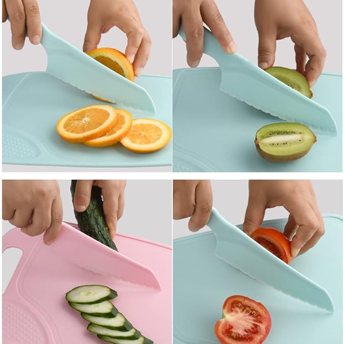 Kids Knifes Set, Kitchen Knife and Cutting Board Set, Children's Cooking Knives in 5 Sizes & Colors/Firm Grip, Serrated Edges, BPA-Free Kids' KnivesLettuce and Cutting Board Peeler