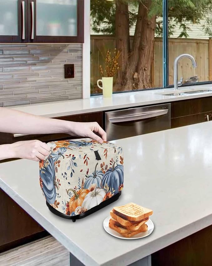 Blue White Pumpkins Fall Toaster Cover 4 Slice, Thanksgiving Leaves Dustproof Bakeware Oven Protector with Top Hook, Autumn Beige Waterproof Small Kitchen Appliance Toasters Dust Cover, 12"x11"x8"