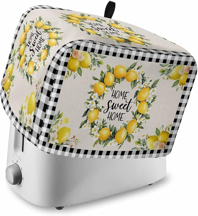 Summer Lemon Toaster Cover 2 Slice, Farmhouse Black Check Dustproof Bakeware Oven Protector with Top Hook, Plaid Vintage Waterproof Small Kitchen Appliance Toasters Dust Cover, 11"x6"x8"