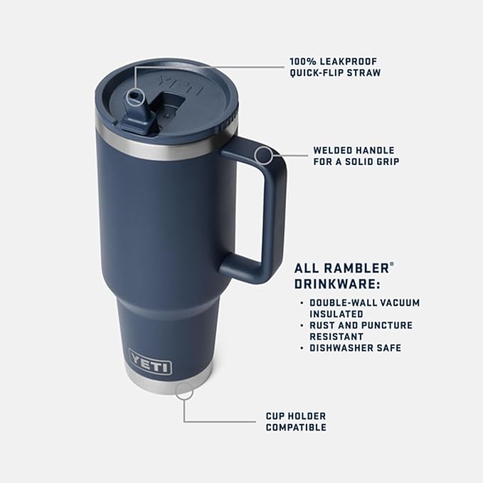 YETI Rambler 40 oz Travel Mug with Flip Straw Lid – Stainless Steel, Vacuum Insulated, Leakproof, Cup Holder Friendly