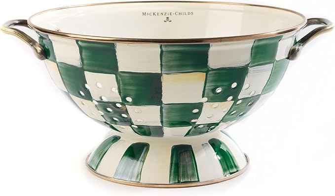 MACKENZIE-CHILDS Enamel Colander, Decorative Kitchen Strainer, Large, Green-and-White Emerald Check