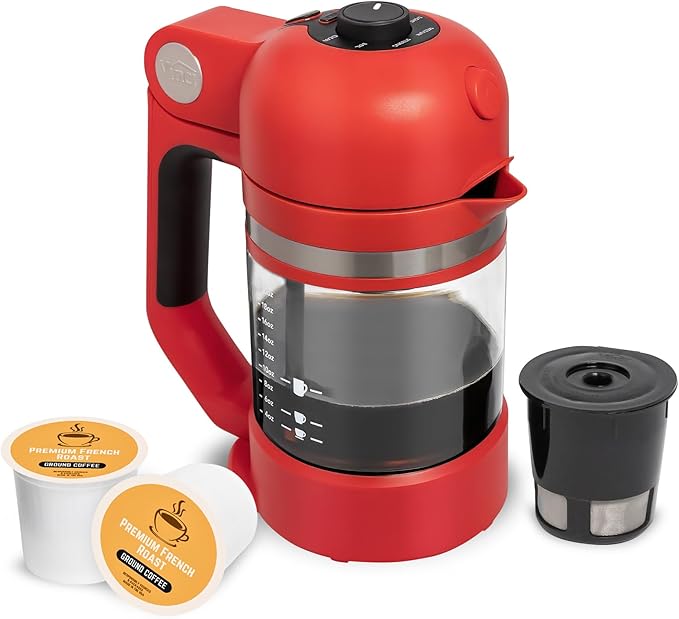 VINCI Micro Café Smallest Single-Serve Coffee Brewer | Compatible with Keurig K-Cups, K-Pods | Glass Carafe | Enclosed Brewing for Hotter Coffee | Large Capacity Reusable Filter Cup Included (Red)