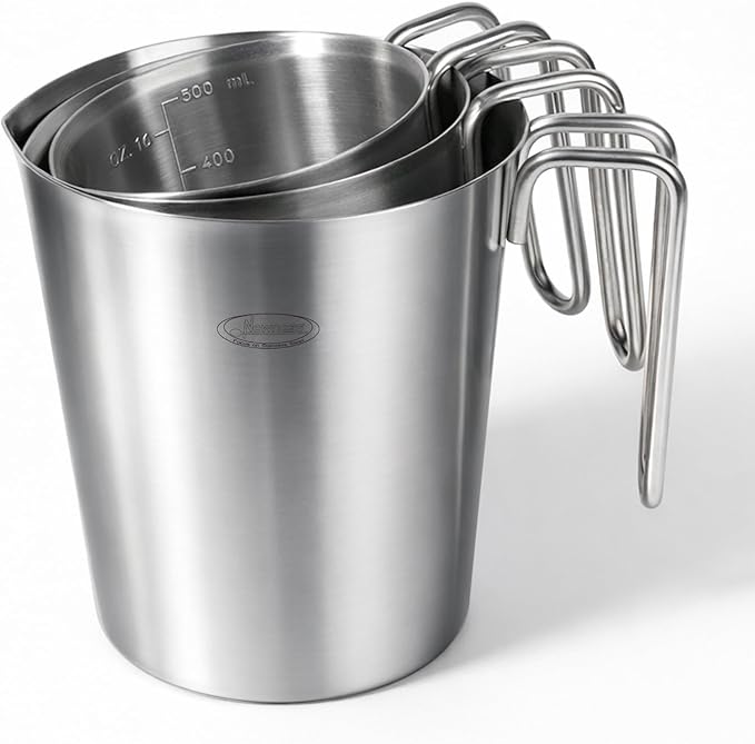 Newness 3-Pack Stainless Steel Measuring Cups Set, (3 Marking Including Cup/ML/Oz Scale) (2, 3 & 4 Cup) Metal Measuring Cup with Handle For Prepping, Baking and Cooking, Dishwasher, Microwave Safe