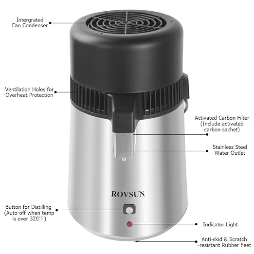 Bonnlo 1.1 Gallon/4L Water Distiller Stainless Steel with Glass Container, 750W Distilled Water Machine Maker Water Distillers for Home Countertop, 1L/H (Silver)