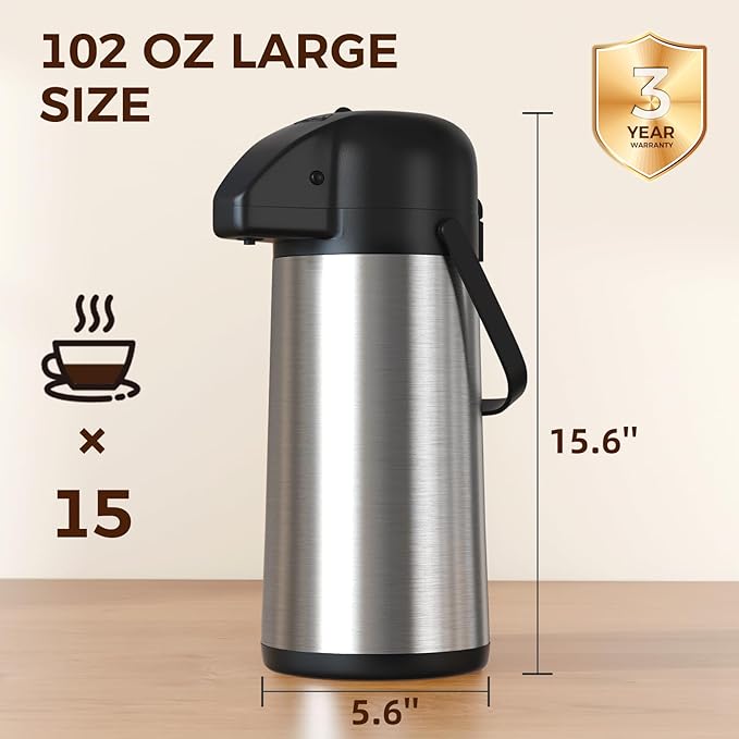 Coffee Carafe for Keeping Hot - Gezoss 102OZ / 3L Airpot Coffee Dispenser with Pump - Large Coffee Carafe for Hot Drinks Tea Liquid - Insulated Stainless Steel Hot Water Beverage Urn for Parties