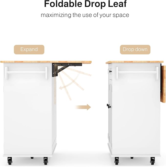 Ahomly Kitchen Island with Storage, 47.6" Rolling Kitchen Island on Wheels with Drop Leaf, Door Cabinet, Drawer, Spice Rack, Towel Rack and Knife Holder, Kitchen Cart Island Table for Kitchen, White